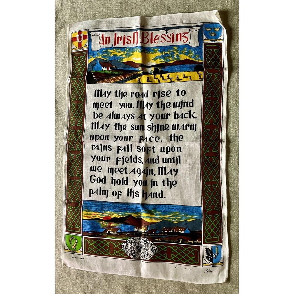 Vintage Nelson Pure Linen Tea Towel An Irish Blessing Celtic Knot Provinces